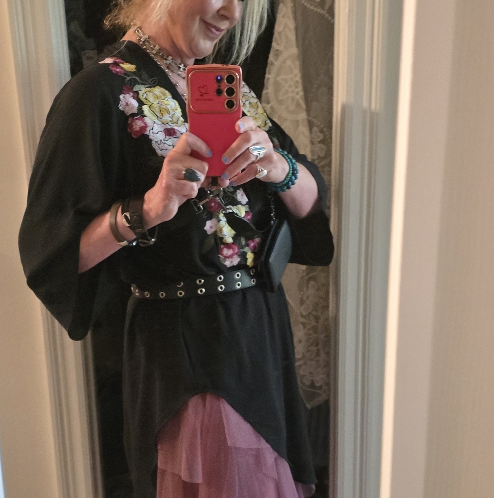 Floral Embroidered Black Tunic Top